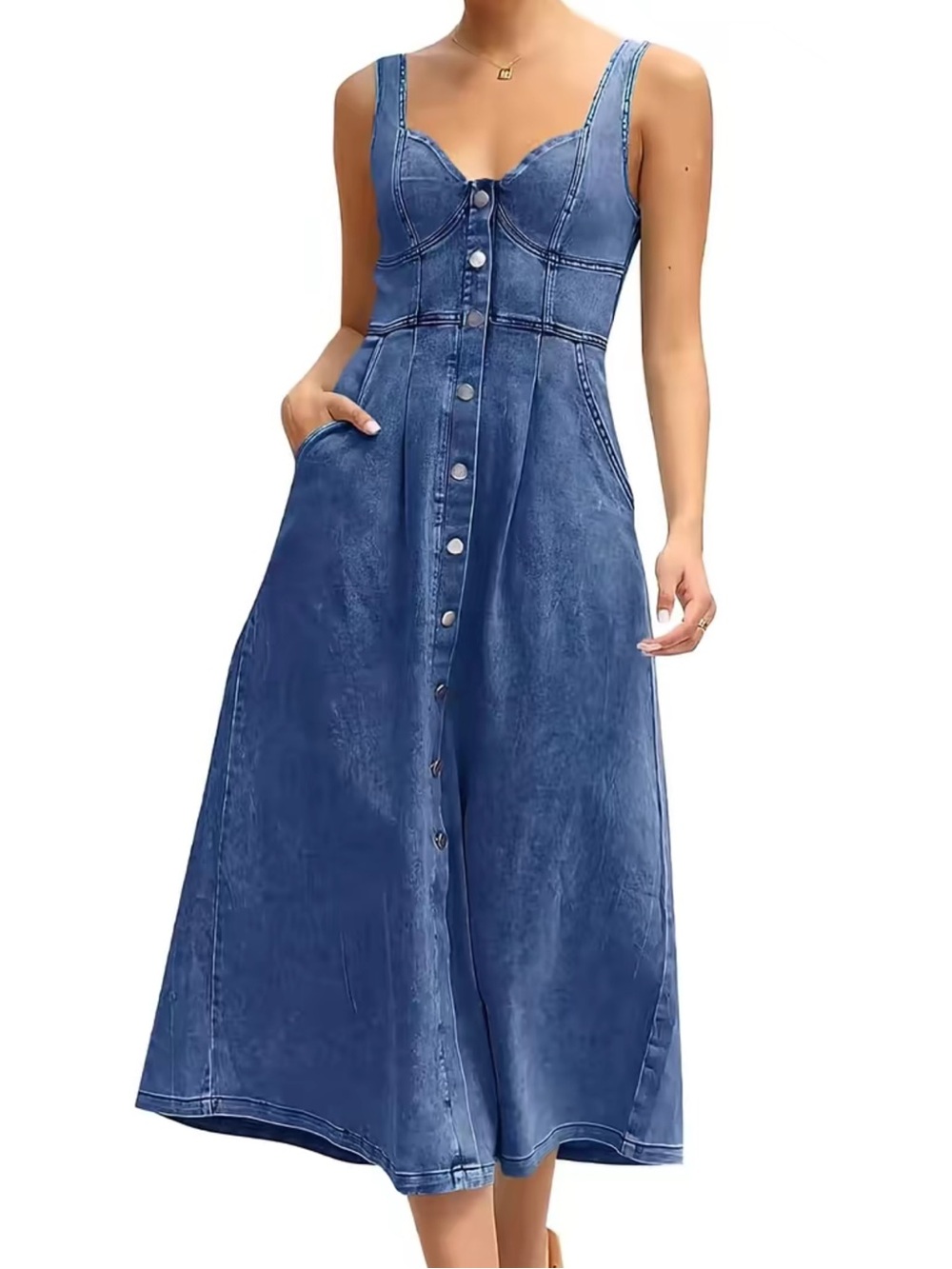 Blue Denim Button-Front Women’s Midi Dress